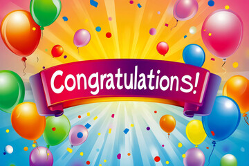 Congratulations banner with colorful balloons illustration.