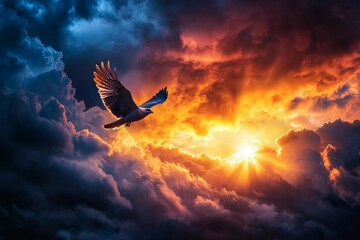 Fototapeta premium A Majestic Falcon Soars Through Dramatic Storm Clouds as Golden Sunlight Breaks Through the Thick Shadows of an Approaching Tempest