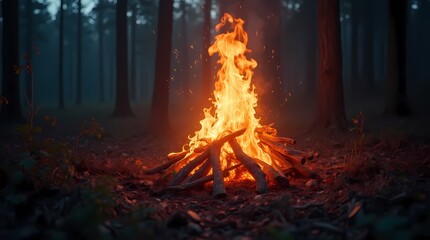 Beautiful flame in the forest with sparks and flickering