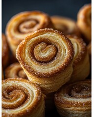 Fototapeta premium Delicious golden brown cinnamon rolls stacked high, showcasing their sweet, spiral layers and sugar coating.