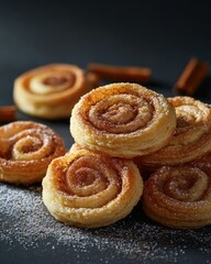 Fototapeta premium Golden-brown cinnamon rolls dusted with sugar against a dark background, evoking warmth and comfort.