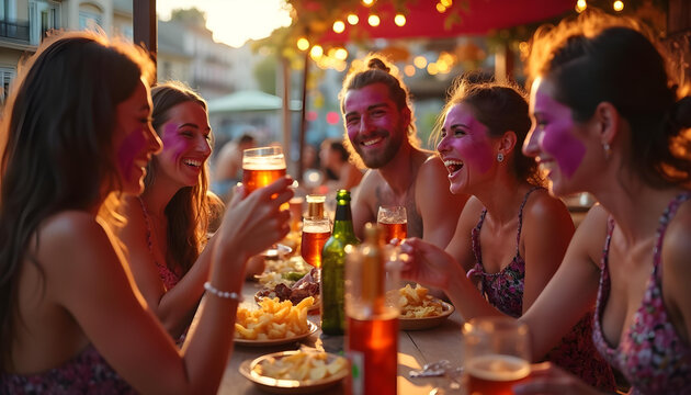 Gente joven disfrazada y maquillada con purpurina tomando bebidas y patatas bravas en la terraza de un bar