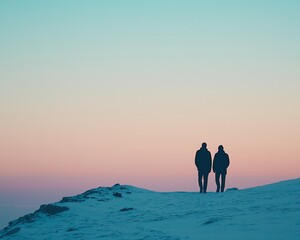 Two people silhouetted against a pastel sunset, walking on a snow-covered hilltop.