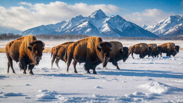 American bison walking on snow in grand teton national park
