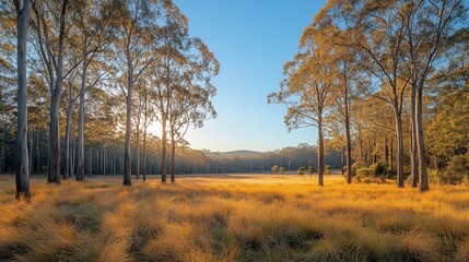 Fototapeta premium Golden Grassland Sunrise Illuminates Tall Eucalyptus Trees