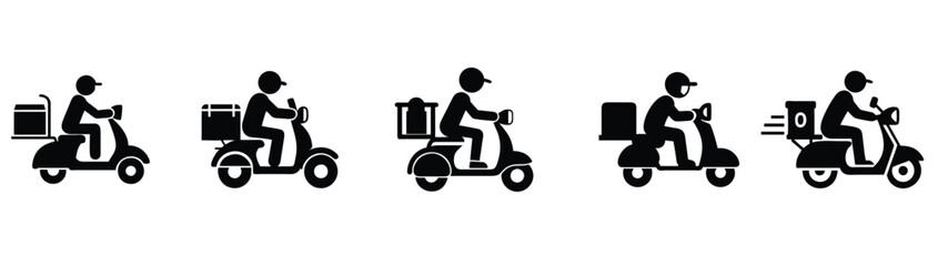 A set of man is riding a scooter delivery icon silhouett