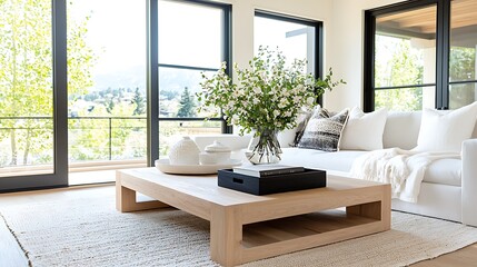 Modern living room with large windows, white sofa, and wooden coffee table, featuring a flower arrangement.