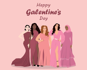 Happy Galentines Day card. Women of defferent nationalities in dress