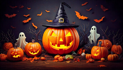 Imagine a spooky Halloween scene with pumpkins, bats, and dark autumn elements, creating a festive yet eerie atmosphere perfect for the season