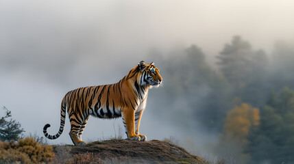 Obraz premium A tiger standing on a ridge, with a valley shrouded in mist as the background, during a peaceful sunrise