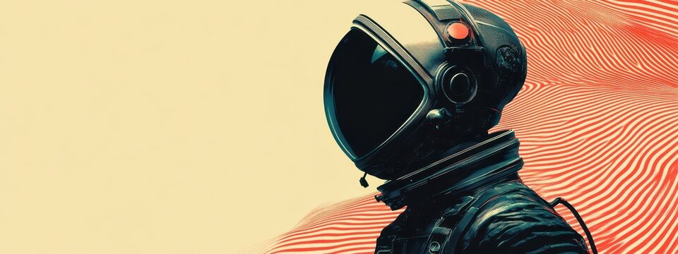 Minimalist design featuring an astronaut in a teal color scheme against a retro background with vibrant lines