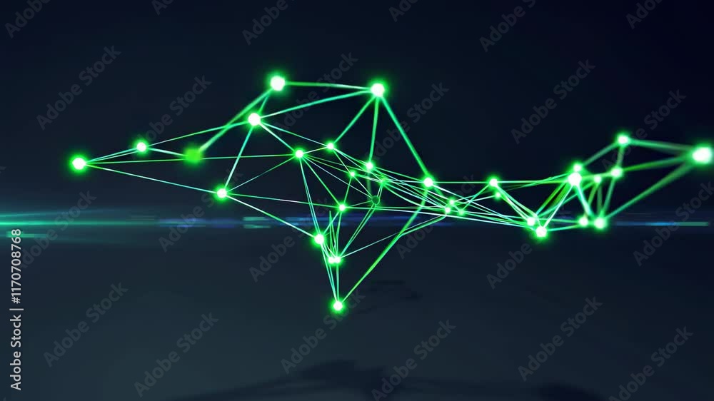 Poster exploring digital networks with vibrant green connections in a dynamic abstract visual display