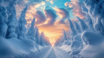 Majestic snow-covered landscape with towering frost formations and a colorful sunset sky