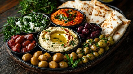 Colorful mediterranean mezze platter showcase rustic setting food vibrant ingredients culinary delight