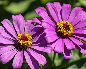 Obraz premium Vibrant purple zinnias with yellow centers, close-up view showcasing delicate petals and textures. Perfect for illustrating floral beauty and natural elegance.