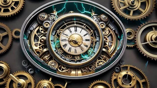 Vintage Clock Surrounded by Mechanical Gears with Electric Sparks in a Steampunk Style

