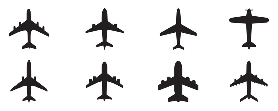 Airplane icon. Black airplane icon collection. Set of black plane silhouette icon. Vector Illustration. Vector Graphic. EPS 10	