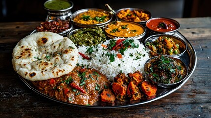 Vibrant food platter featuring traditional indian thali in rustic setting delicious cuisine close-up view for culinary enthusiasts