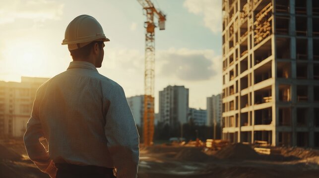 A man in a hard hat stands in front of a construction site