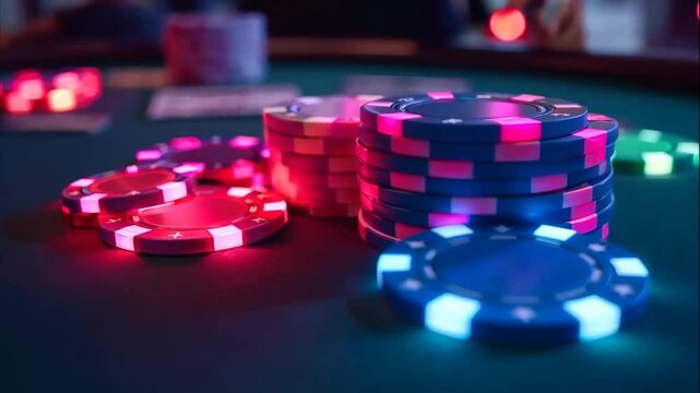 A pile of glowing poker chips on a green table. The chips are lit up in different colors, creating a fun and exciting atmosphere