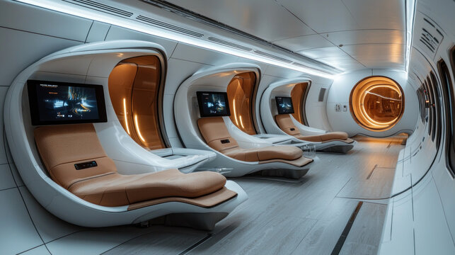 Futuristic train interior with comfortable pods and screens.