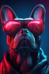 Futuristic dog with neon sunglasses and stylish attire in a high-tech urban setting