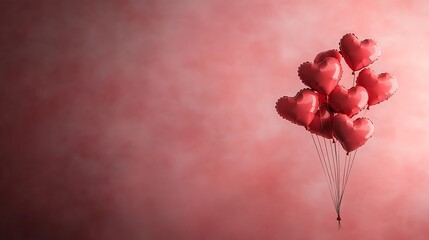 multiple heart-shaped balloons floating against pink backdrop