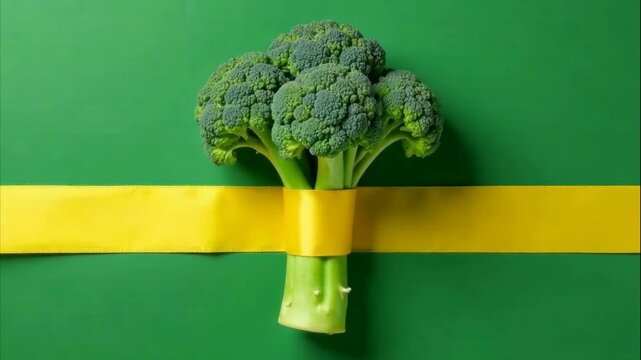 A bunch of broccoli is wrapped in yellow ribbon. The ribbon is tied around the stem of the broccoli