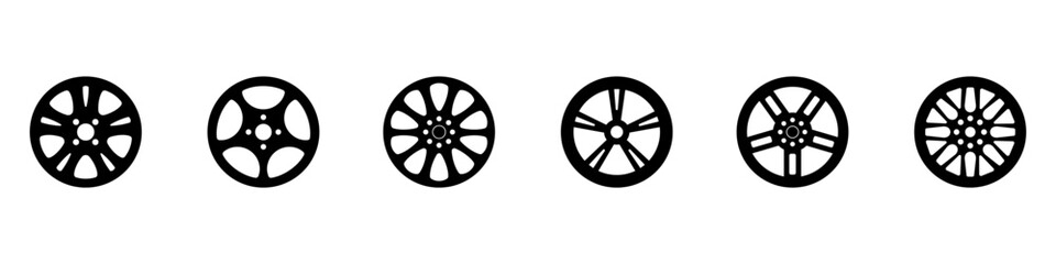 Black rubber wheel tire set. Wheel tires. Car tire tread tracks, motorcycle racing wheels and dirty tires track. Tyres road maintenance vector automobile. Auto wheel tyre. Vector illustration. EPS 10