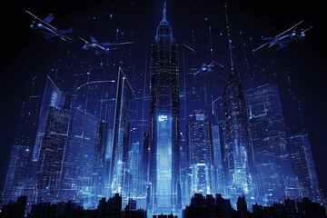 Cyberpunk Cityscape: Glowing Towers and Flying Drones