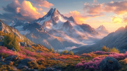 Fototapeta premium Majestic sunset over vibrant mountain range with reflective hues and blooming flora in tranquil nature