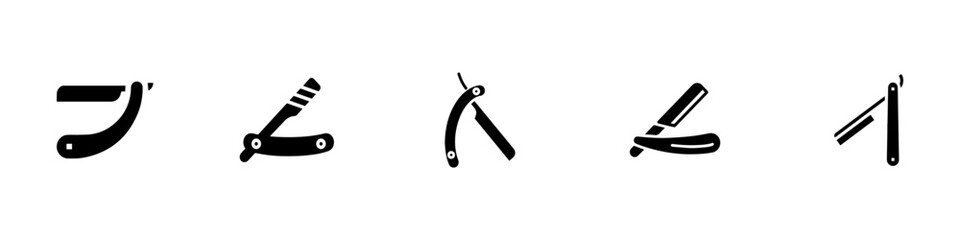 Barber razor icon set. Retro razor blades. Straight razor blades. Silhouette style icon set. Straight razor icon. A Barber tool for beard shave. Barbershop symbol. Vector illustration. EPS 10