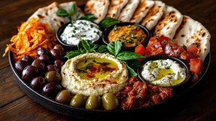 Vibrant mediterranean mezze platter experience culinary delight rustic restaurant warm atmosphere colorful presentation