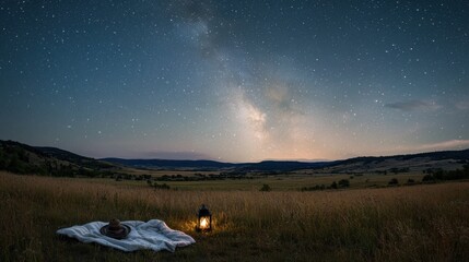 Naklejka premium Stargazing evening in a serene countryside field with blanket and lantern peaceful night sky experience
