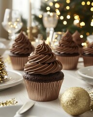 Delicious chocolate cupcakes with swirls of frosting, perfect for a festive celebration.