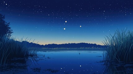 Serene Night Sky Over Calm Water with Stars and Silhouetted Trees