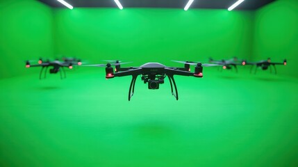 Drones hovering in a studio space with a green screen backdrop for filming and visual effects projects