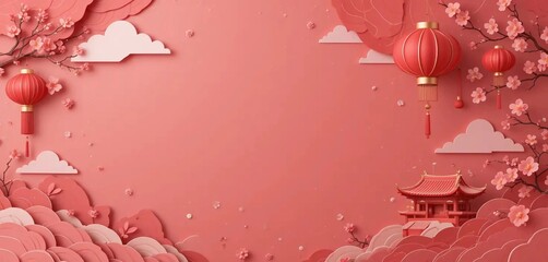chinese new year background with copy space for text, decorated with chinese oriental ornament, red lantern,  chinese temple,  cloud and Plum blossom flower in paperart style and soft pastel color
