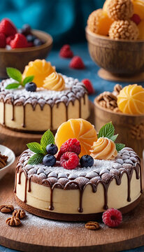 D&eacute;licieux dessert sur la table, un ensemble de bonbons et desserts, fond inhabituel