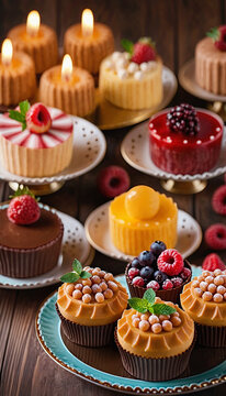 D&eacute;licieux dessert sur la table, un ensemble de bonbons et desserts, fond inhabituel