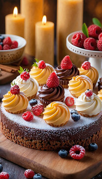 D&eacute;licieux dessert sur la table, un ensemble de bonbons et desserts, fond inhabituel