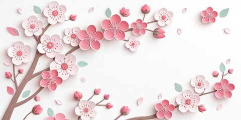 3d papercut cute flowers cherry blossoms illustration background
