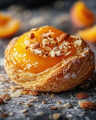 Delicious pastry with apricot glaze and almond topping on a rustic table.