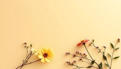 Delicate pastel flowers arranged on a pale yellow background