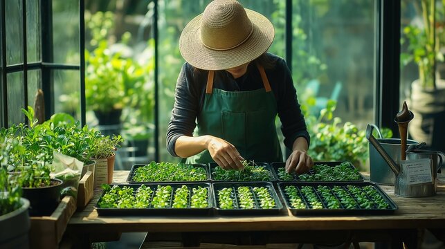 Focused Gardener Tending Seedlings in a Lush Greenhouse