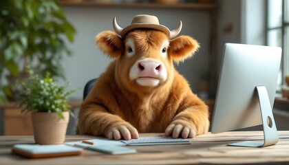 Fototapeta premium Highland Cow Working on Computer in Office