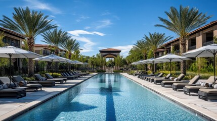 Luxury Resort Pool with Lounge Chairs and Palms Under a Blue Sky