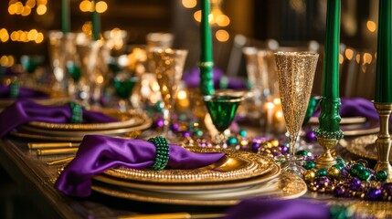 Luxurious Mardi Gras Dining Table Decor with Purple, Green, and Gold Accents for Festive Celebrations