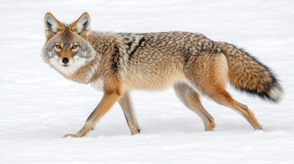 Fototapeta premium A coyote walking through a snowy landscape, showcasing its natural habitat.