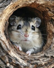A cute small rodent peeking out from a hollowed log, showcasing its curious expression.